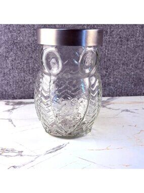 Circleware Embossed Glass Owl Canister Storage Jar with Silver Lid